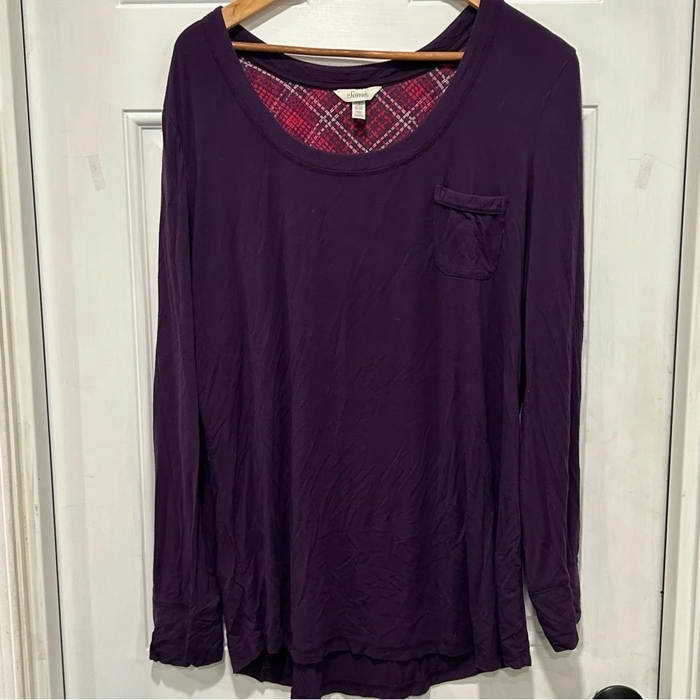 SOMA Women Pajama Set, Long sleeve Scoop Top, Plaid Pants, Purple, Comfort, XL